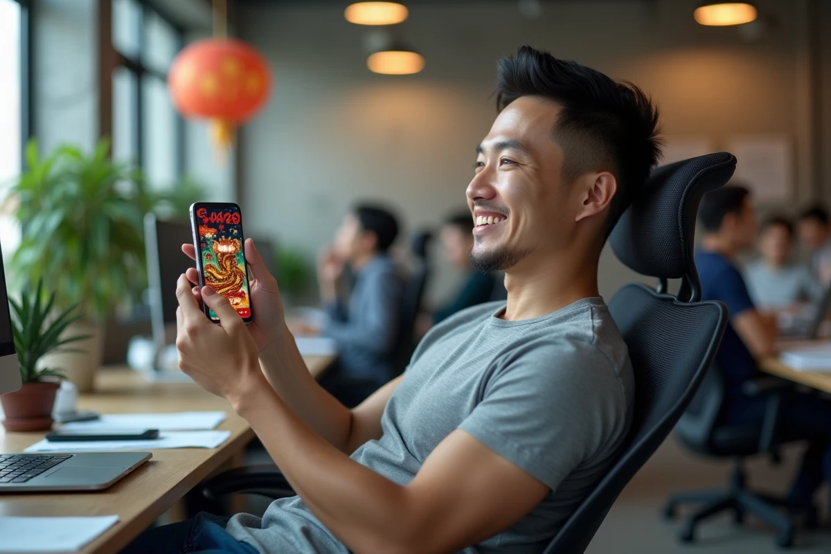 Homme en pause au bureau jouant à un jeu de serpent sur smartphone inspiré du Nouvel An lunaire et du Doodle Google