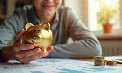 Jeune adulte tenant une tirelire en or et analysant des documents financiers