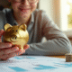 Jeune adulte tenant une tirelire en or et analysant des documents financiers