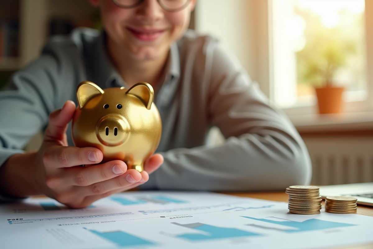 Jeune adulte tenant une tirelire en or et analysant des documents financiers