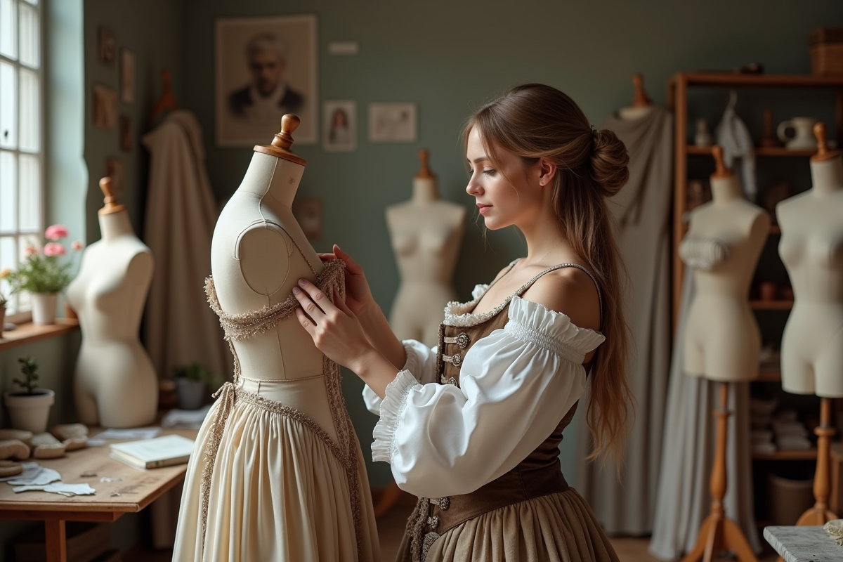 Jeune femme créant un vêtement sur un mannequin dans un atelier moderne