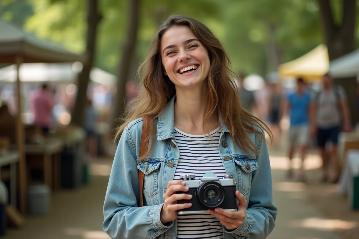 Jeune femme souriante avec appareil photo vintage dans une brocante en Morbihan