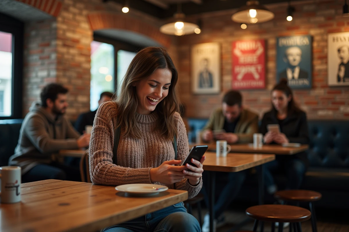 Jeune femme riant dans un café urbain avec posters politiques