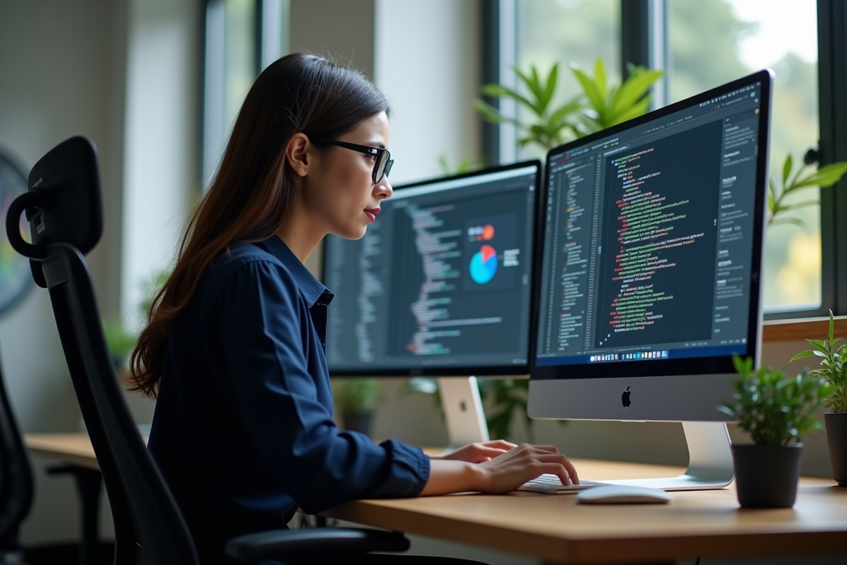 Jeune femme data scientist travaillant sur ses ordinateurs