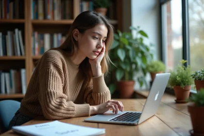 Jeune femme concentrée sur son ordinateur dans un espace d'étude