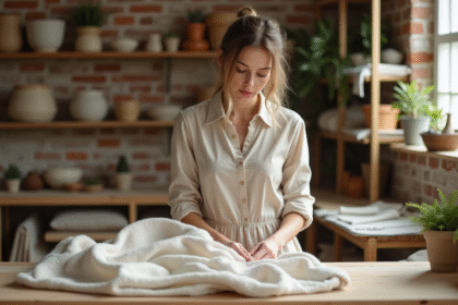 Jeune femme examinant un tissu naturel dans un atelier lumineux