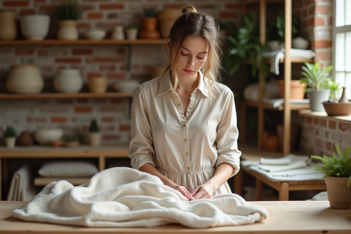 Jeune femme examinant un tissu naturel dans un atelier lumineux
