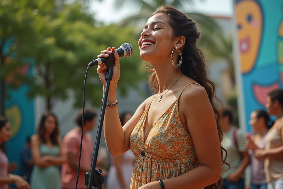 Jeune femme brésilienne chantant en extérieur urbain