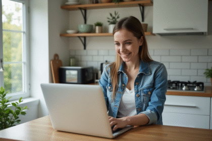 Jeune femme en cuisine compare des prix de scooters en ligne