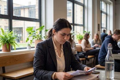 Jeune femme en blazer examine des papiers dans un café moderne