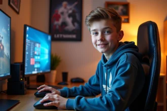 Jeune garçon de 16 ans concentré devant son ordinateur dans sa chambre gaming
