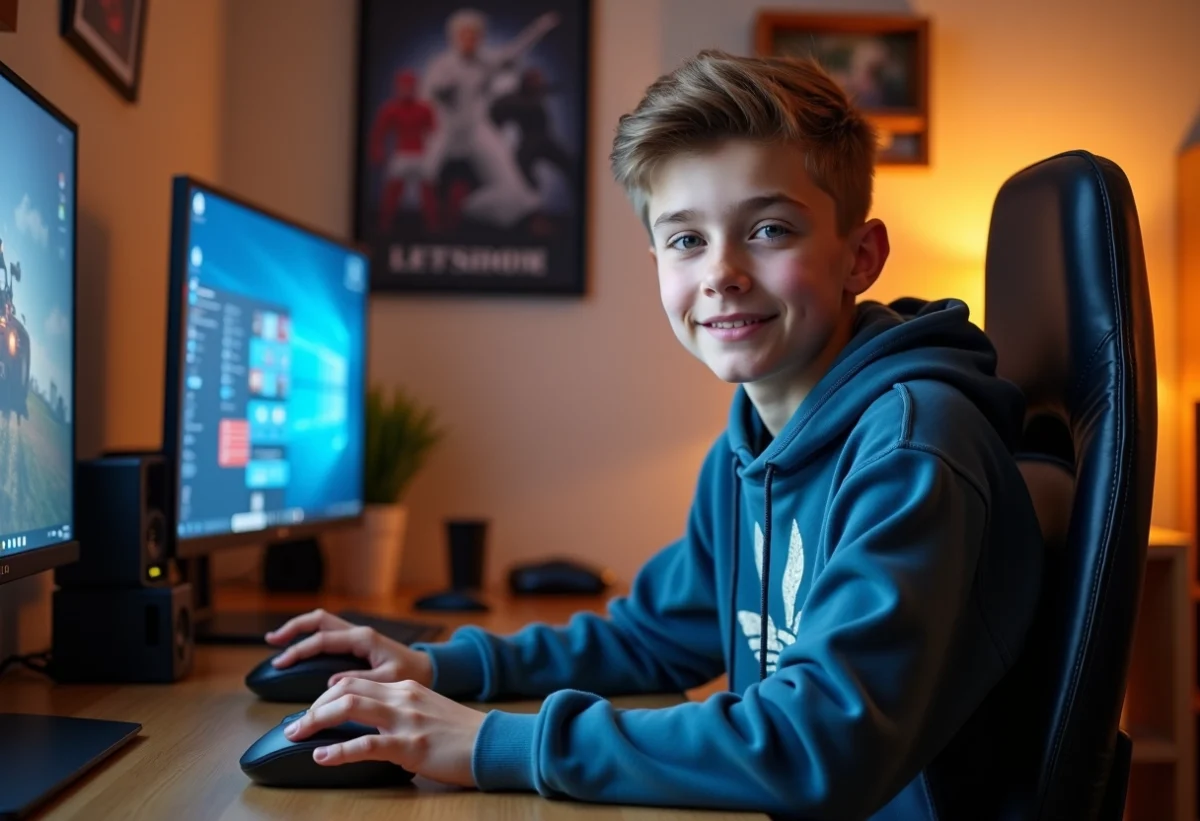 Jeune garçon de 16 ans concentré devant son ordinateur dans sa chambre gaming