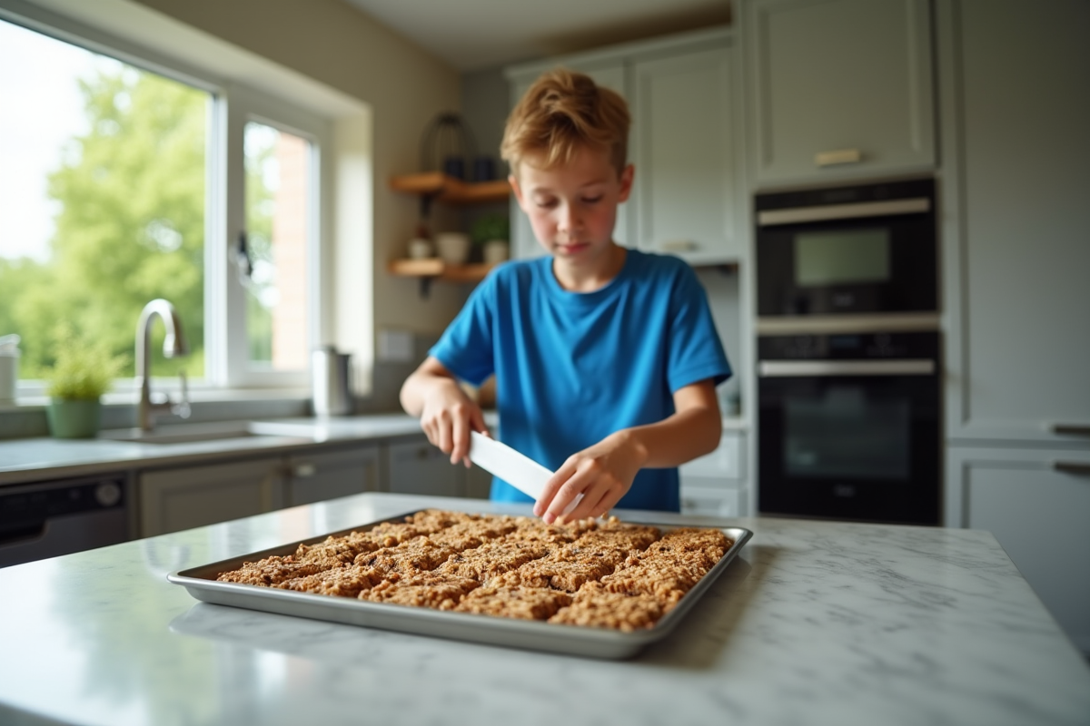 Adolescent coupant des barres de céréales sur un plan de travail