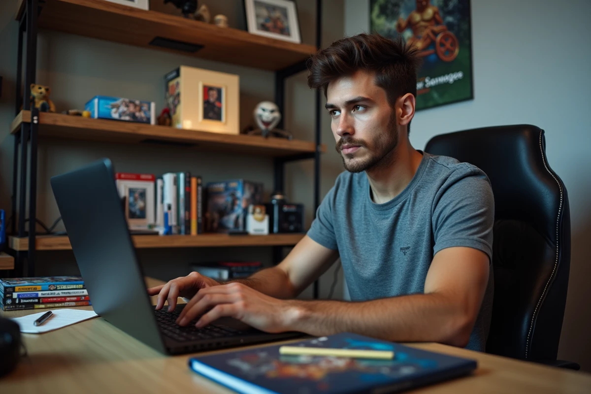 Jeune homme concentré sur son ordinateur dans un bureau gaming