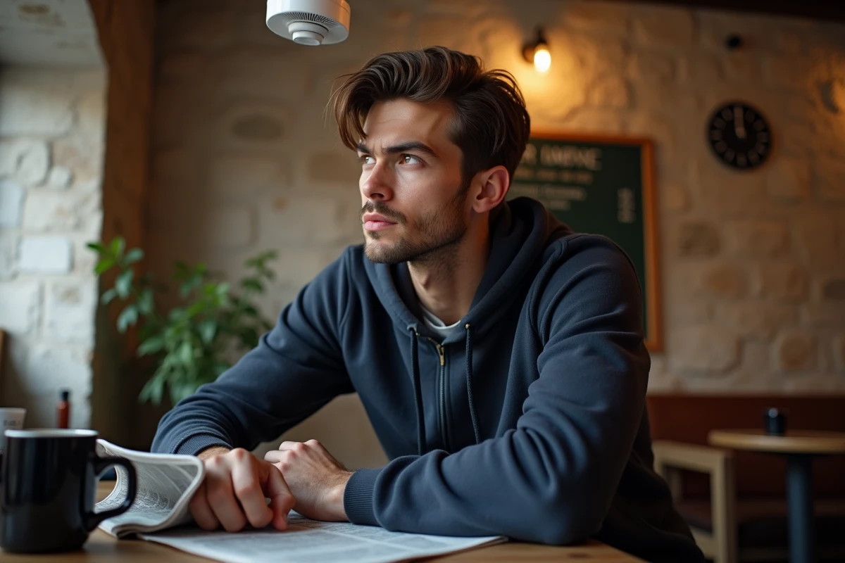 Jeune homme examinant un détecteur de fumée dans un café parisien