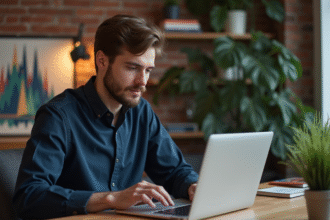 Jeune homme concentré sur un ordinateur avec graphiques crypto