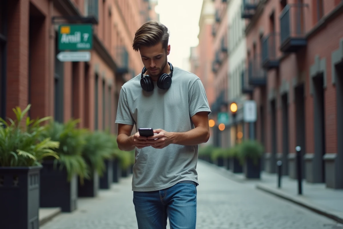 Jeune homme en ville avec écouteurs et smartphone dans une rue urbaine