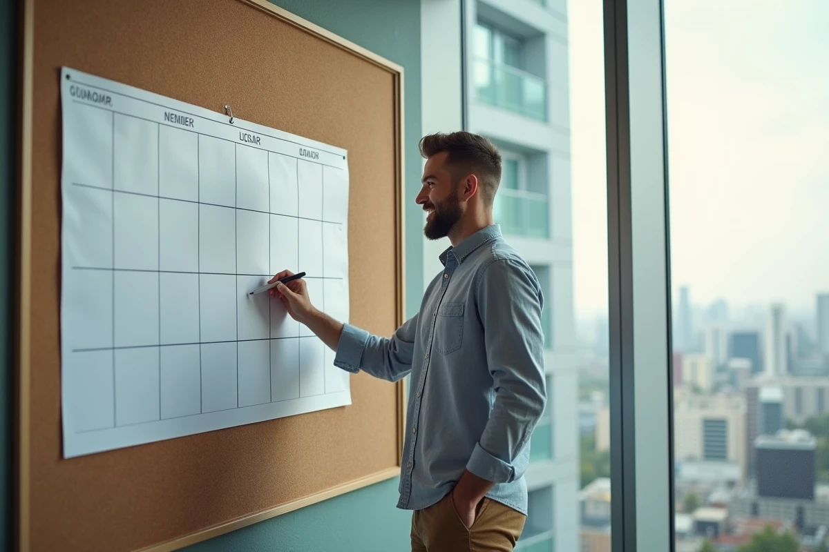 Jeune homme accrochant calendrier dans un bureau moderne