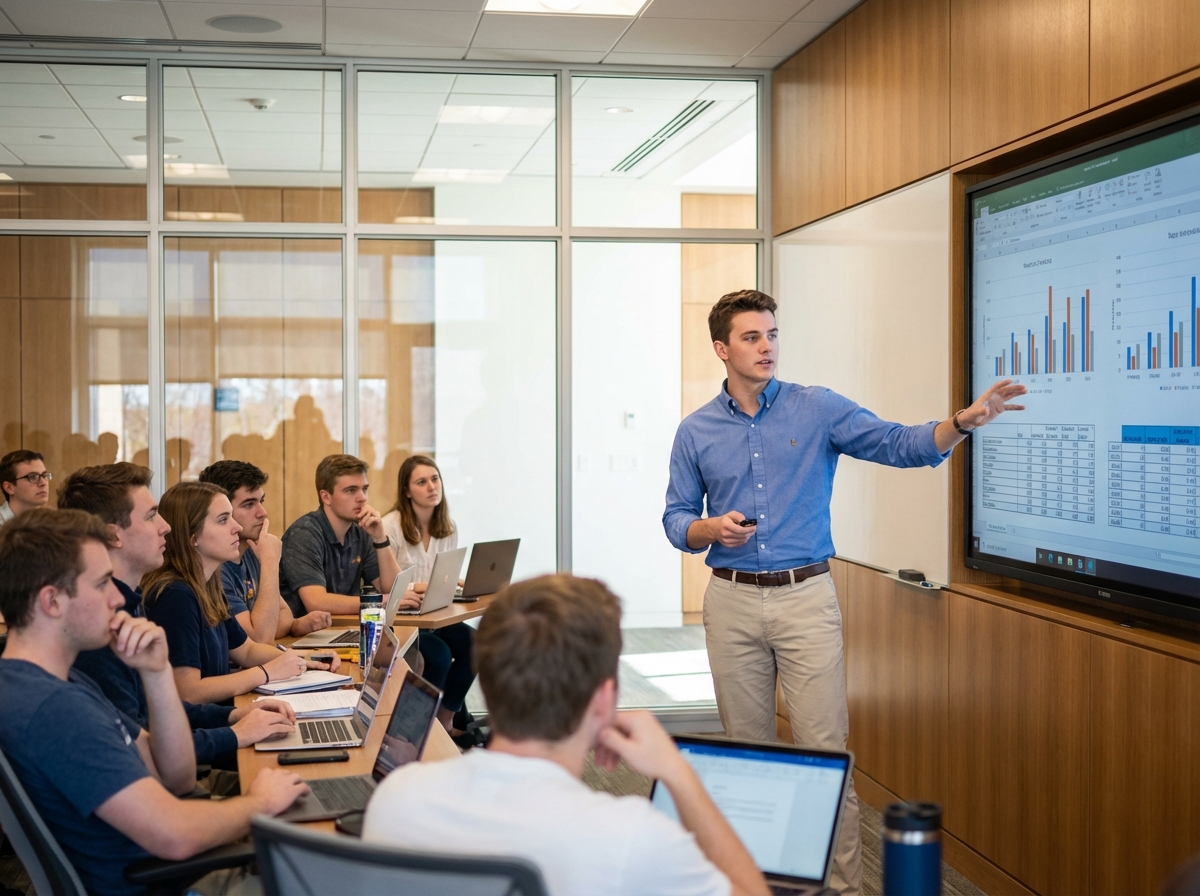 Jeune homme en chemise bleue fait une présentation en classe