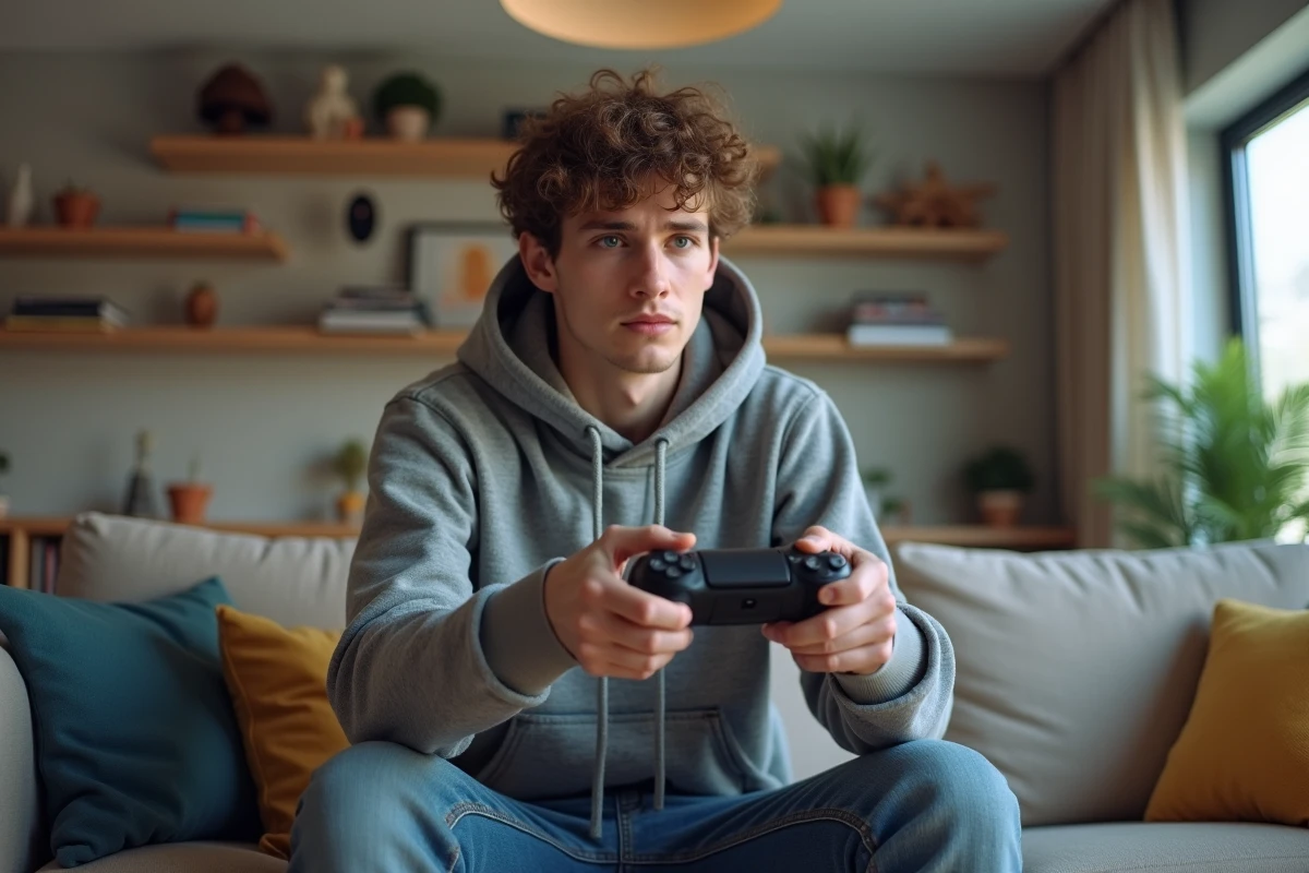 Jeune homme concentré avec manette PS5 dans un salon moderne