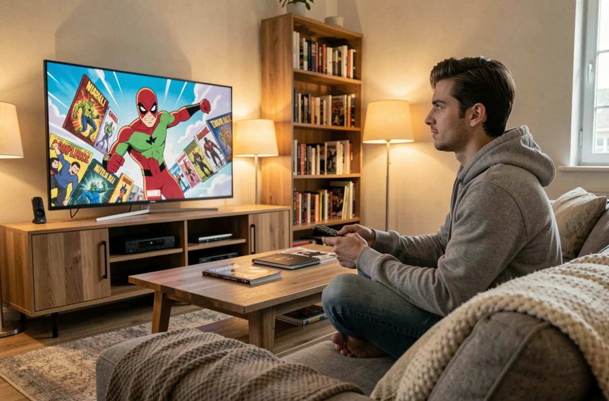 Jeune homme regardant une série animée Marvel mettant en scène le Caméléon dans son salon moderne