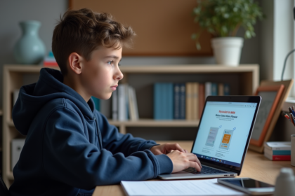 Jeune lyceen en hoodie travaillant sur ordinateur avec MBN