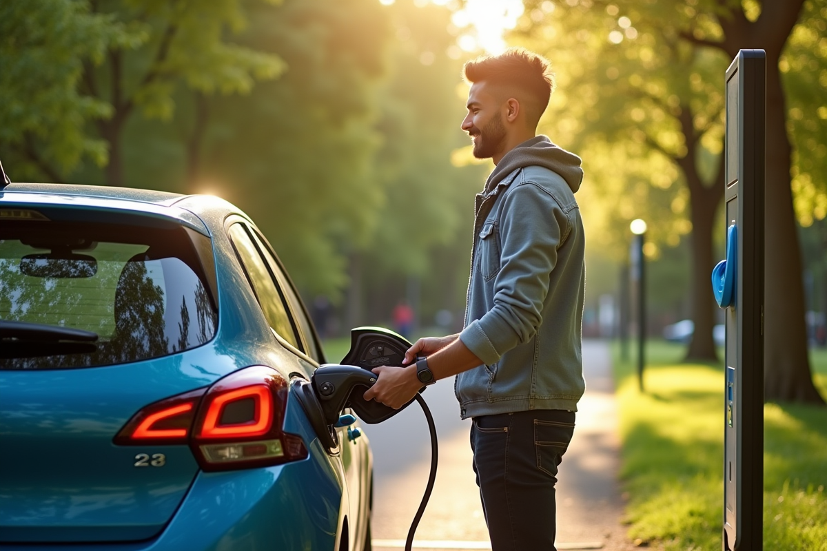 Jeune professionnel chargeant une Peugeot 208 électrique dans un parc