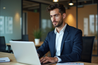 Jeune homme en costume regardant des graphiques fintech au bureau