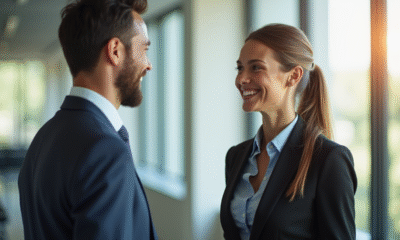 Jeune femme et homme en entreprise souriants dans un bureau lumineux