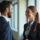 Jeune femme et homme en entreprise souriants dans un bureau lumineux