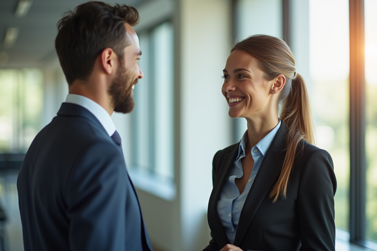 Jeune femme et homme en entreprise souriants dans un bureau lumineux