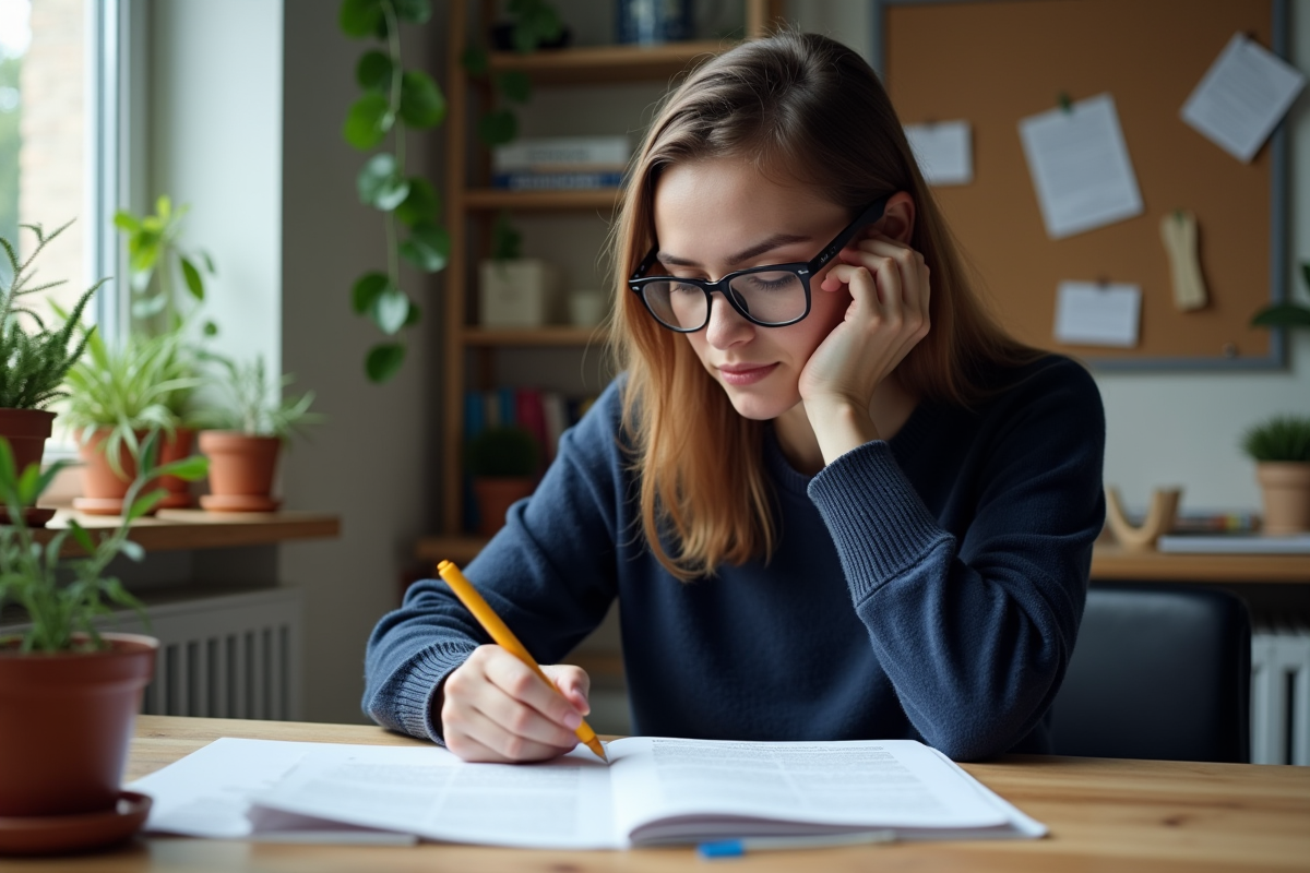 Jeune femme chercheuse lisant un article à son bureau