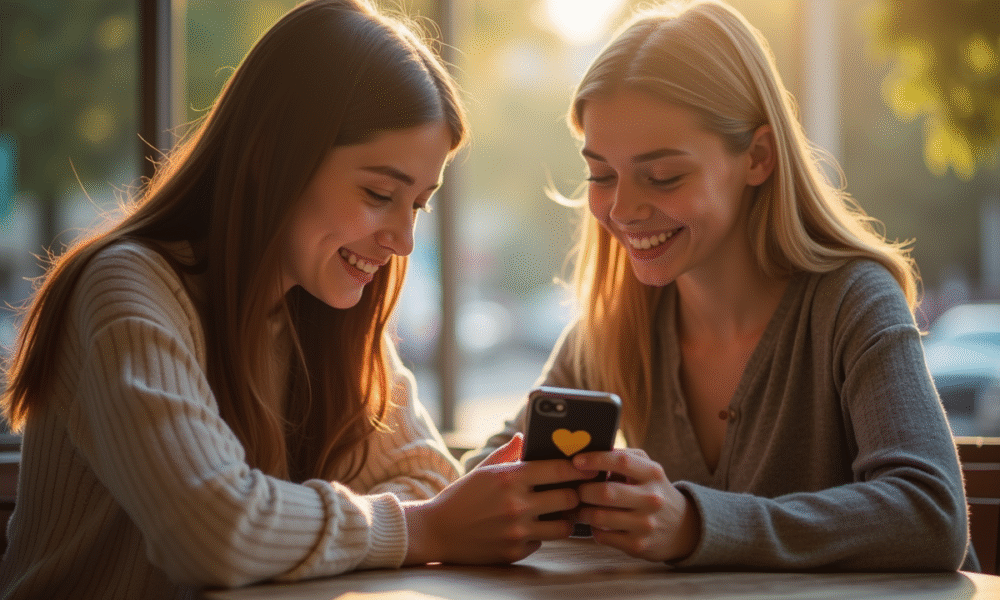 Deux jeunes au café regardant un emoji cœur jaune sur leur smartphone