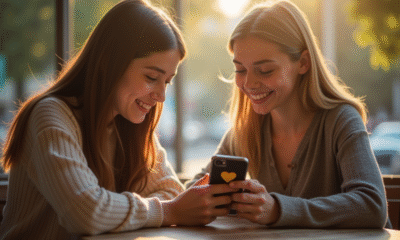 Deux jeunes au café regardant un emoji cœur jaune sur leur smartphone