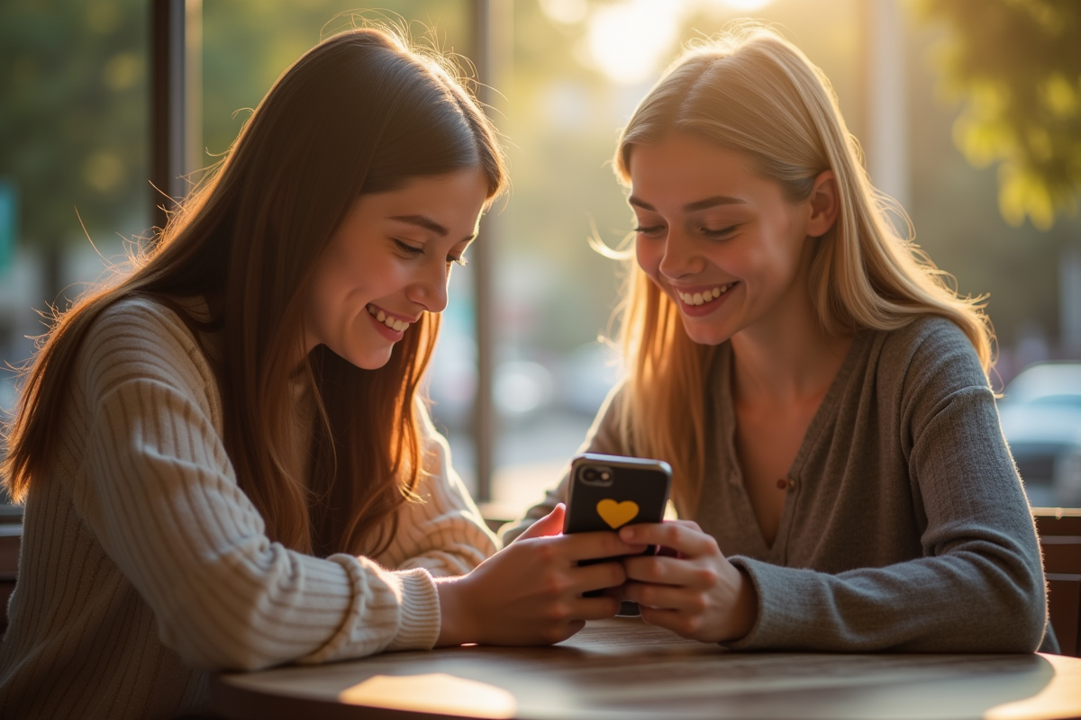 Deux jeunes au café regardant un emoji cœur jaune sur leur smartphone