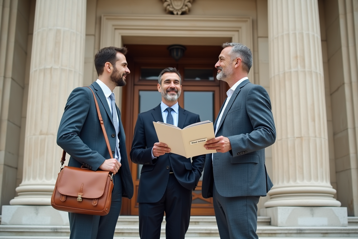 Groupe diversifié devant un palais de justice français