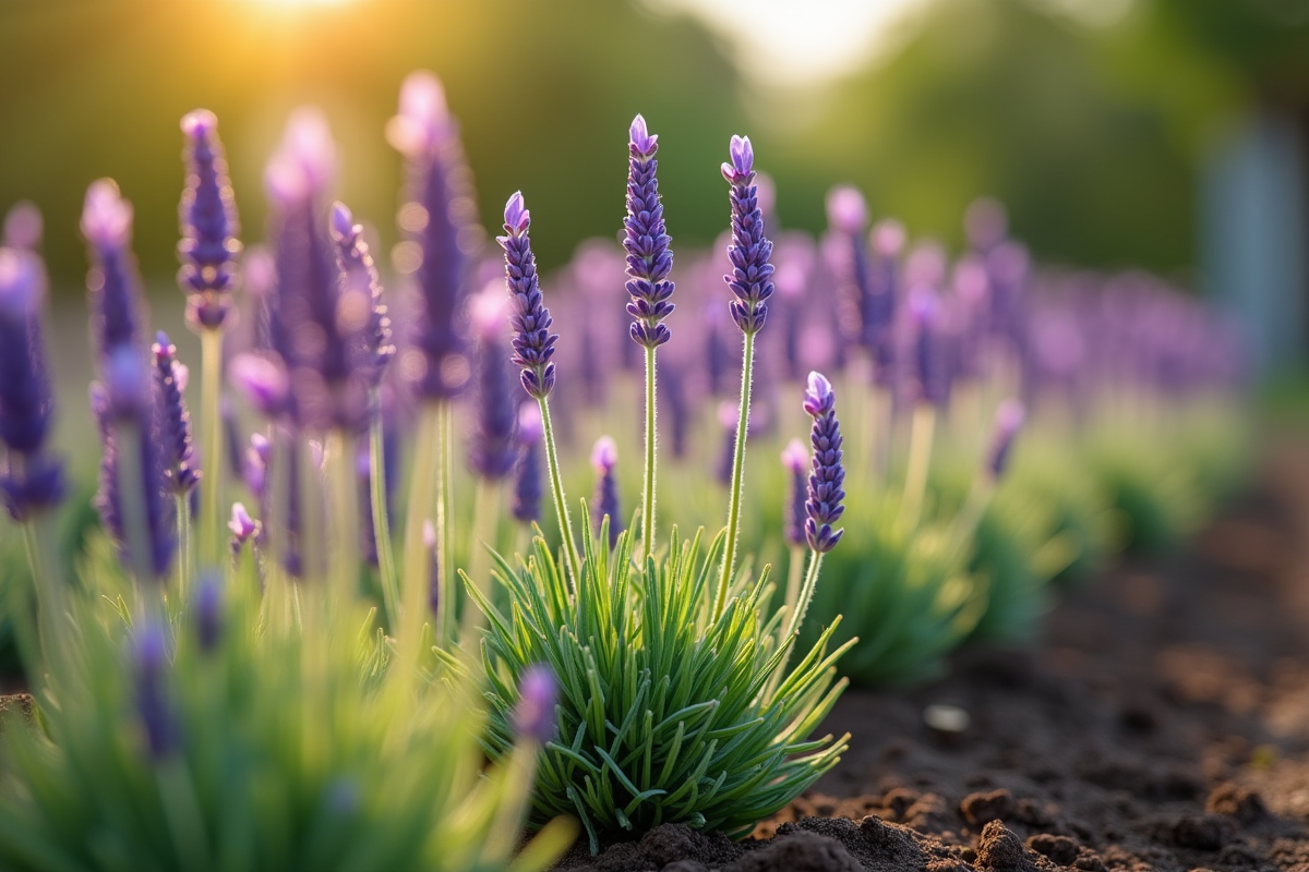 Jeunes plants de lavande en rangée dans le jardin au matin