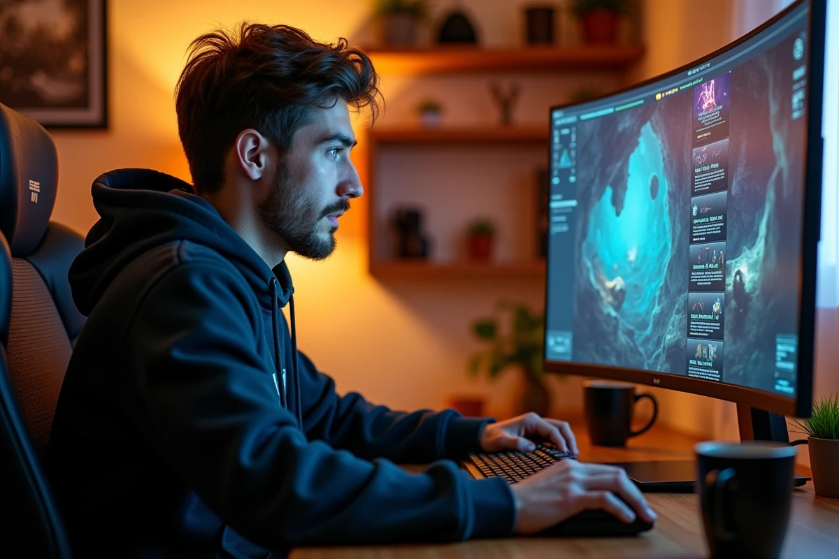 Joueur adulte concentré sur un MMORPG de type Dofus sur un écran gaming courbe dans un bureau à domicile