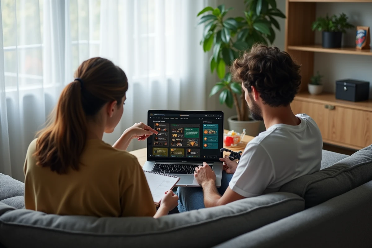 Deux joueurs adultes consultant un guide de montée de niveau mineur sur Dofus sur un ordinateur portable dans un salon moderne