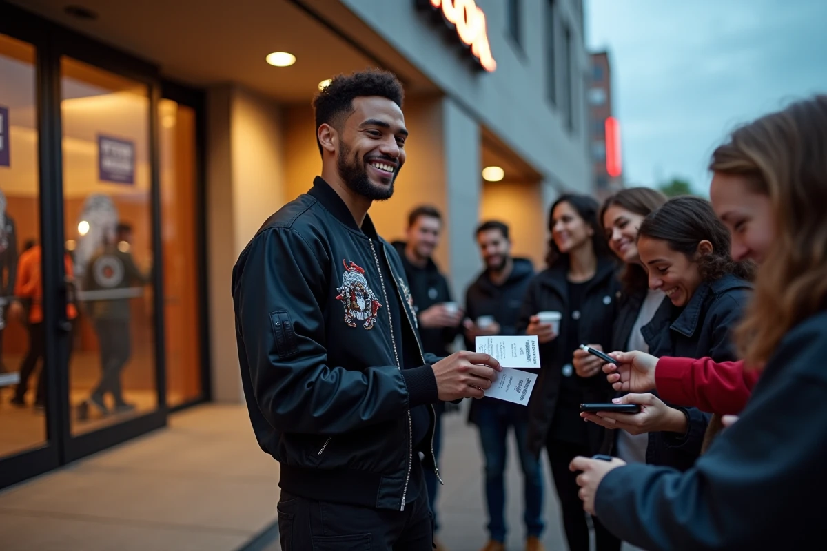 Jules rappeur dédicace des billets de concert avec des fans devant la salle lors de sa tournée 2026