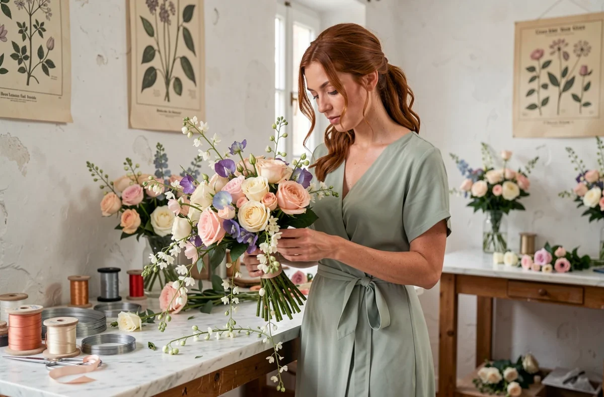 Julie Guittard dans son atelier floral à Nice, confectionnant un bouquet de mariage élaboré en roses de jardin, pois de senteur et jasmin
