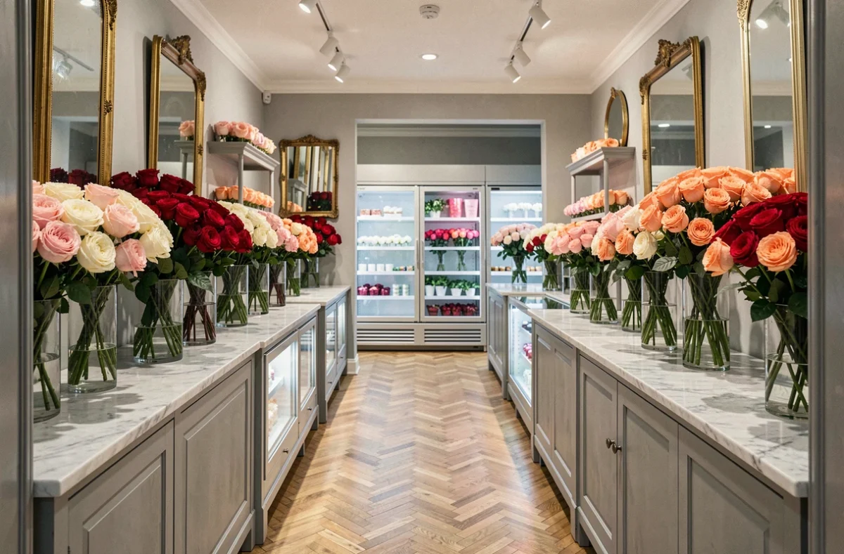 Intérieur de La Roseraie à Nice, boutique élégante spécialisée dans les roses de toutes variétés présentées dans de grands vases en verre