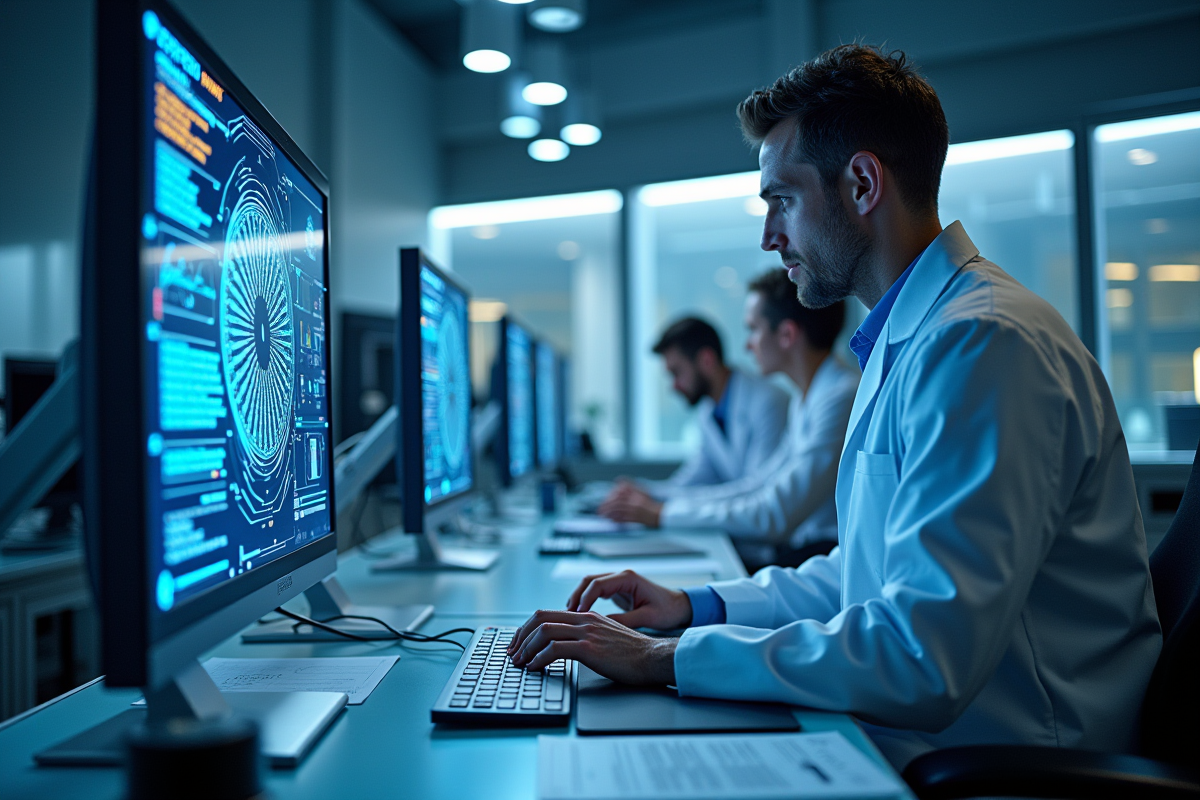 Laboratoire futuriste avec ordinateur quantique et interfaces digitales