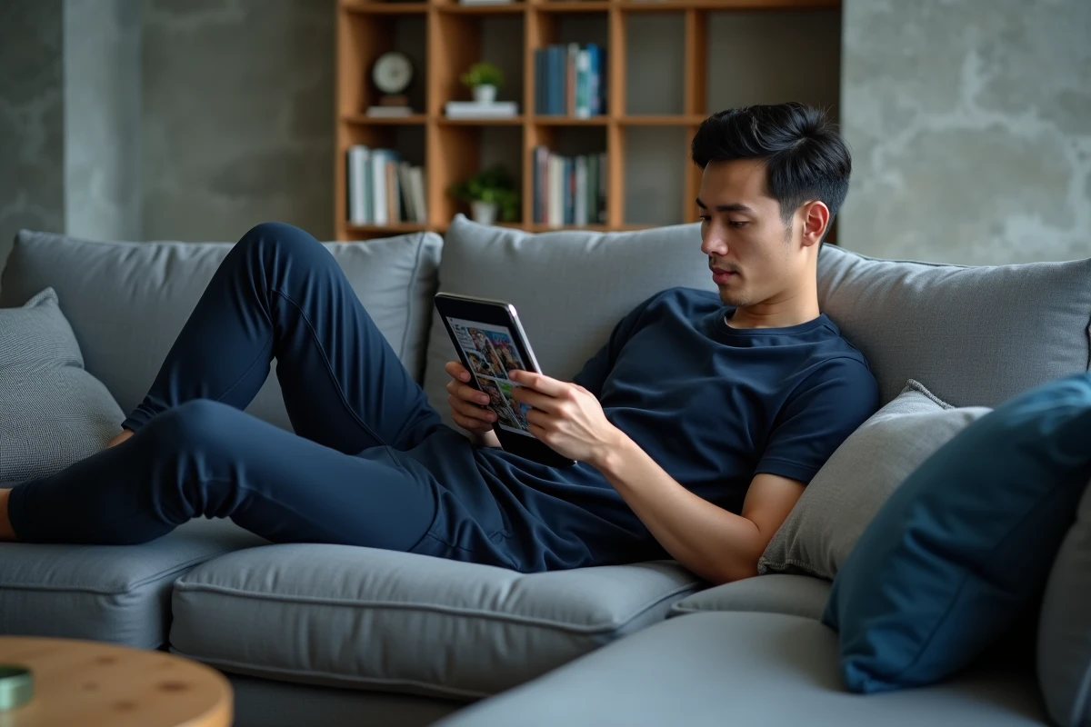 Homme lisant des mangas en ligne sur une tablette numérique, comparant lecture numérique et scantrad traditionnel