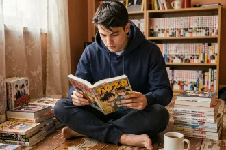 Jeune homme lisant un manga One Piece assis sur le sol entouré de volumes empilés dans une chambre cosy