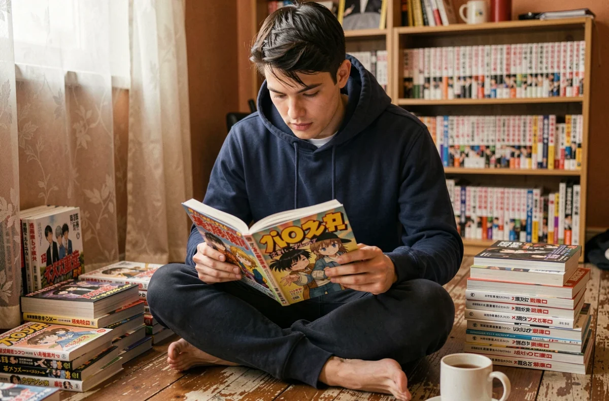 Jeune homme lisant un manga One Piece assis sur le sol entouré de volumes empilés dans une chambre cosy