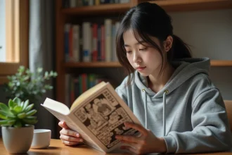 Jeune femme lisant un manga papier en version scantrad classique dans une chambre cosy entourée de volumes de manga