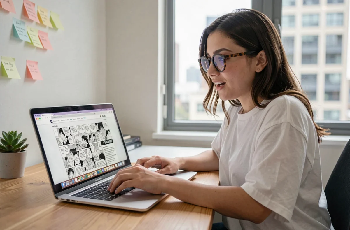 Jeune femme lisant One Piece en ligne sur un ordinateur portable dans un bureau moderne à domicile