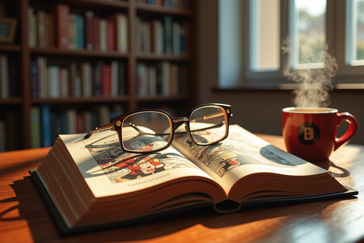 Livre ouvert avec illustrations Disney et DC dans une bibliothèque moderne