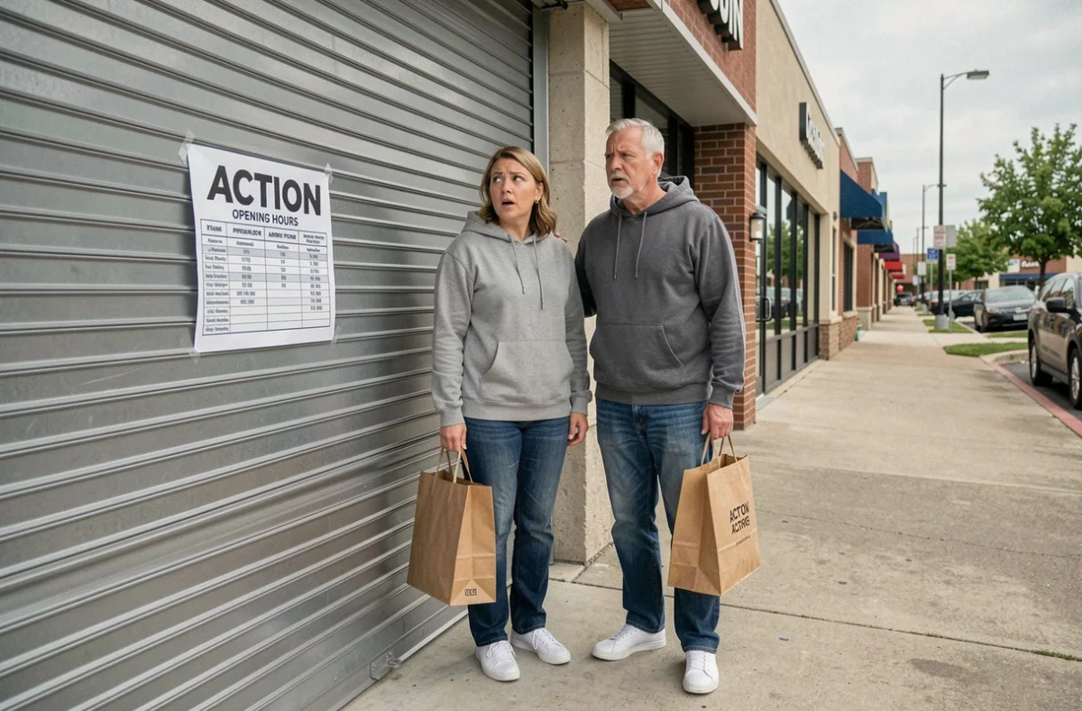 Couple lisant les horaires d'ouverture affichés sur la porte fermée d'un magasin Action le dimanche